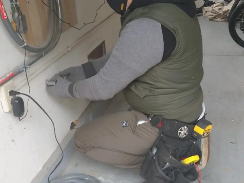 Electrician performing outlet wiring in a Frankenlust garage